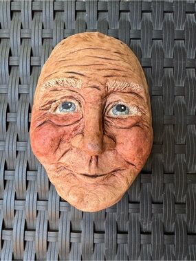 Handcrafted Clay Face Sculpture of Elderly Person or Primitive Santa
